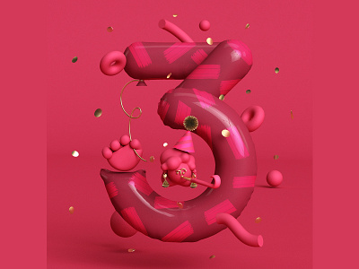 3 🐙 36daysoftype 36daysoftype 3 3dcharacterdesign 3dcharacterillustration balloon c4d celebrate character character design colorful confetti geometric geometry illustration minimal monochromatic party party bower party hat