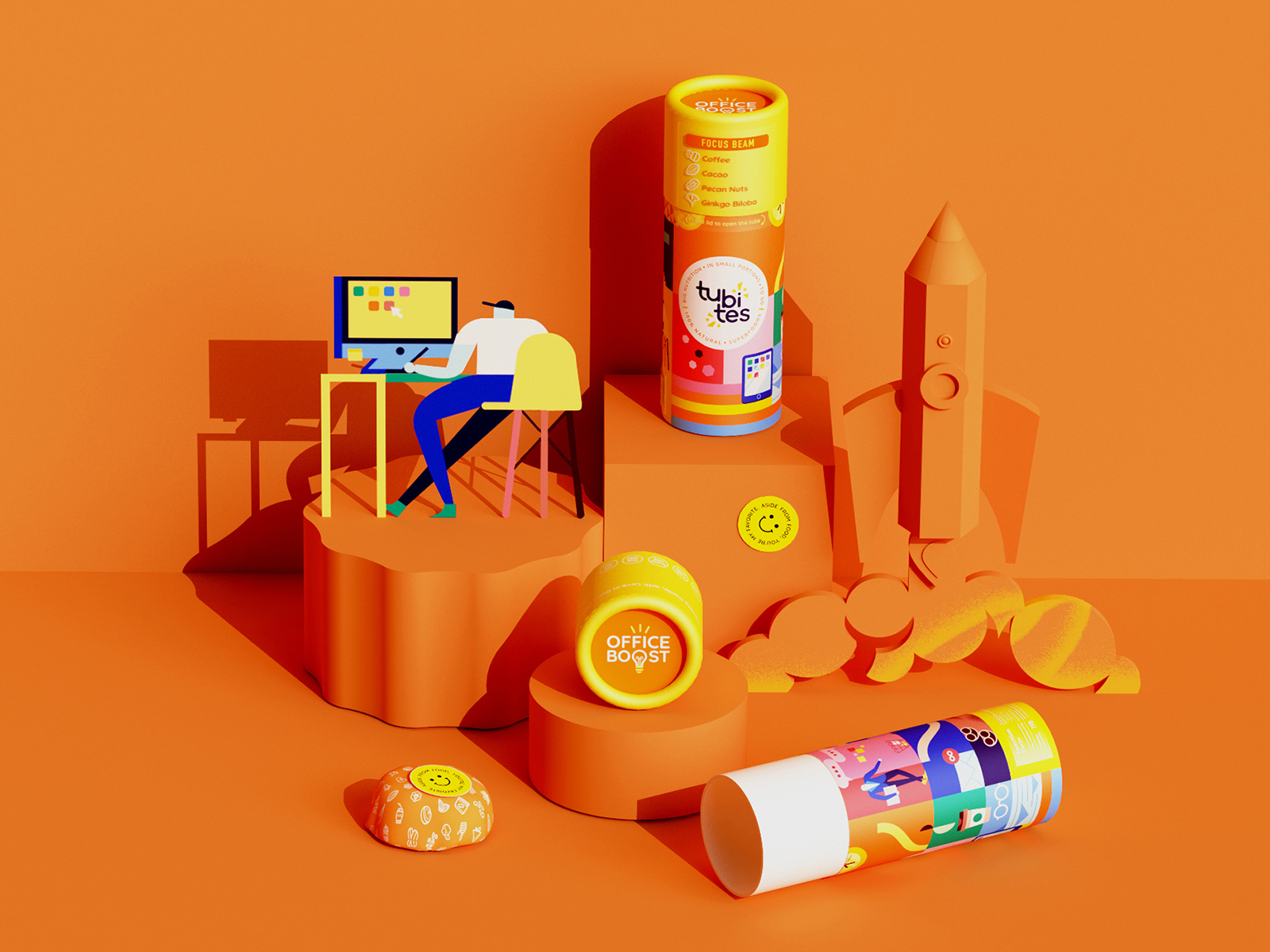 🍊 boost character character design colorful energy food packaging geometric geometry illustration minimal office packaging rocket superfoods tube packaging vector work workspace