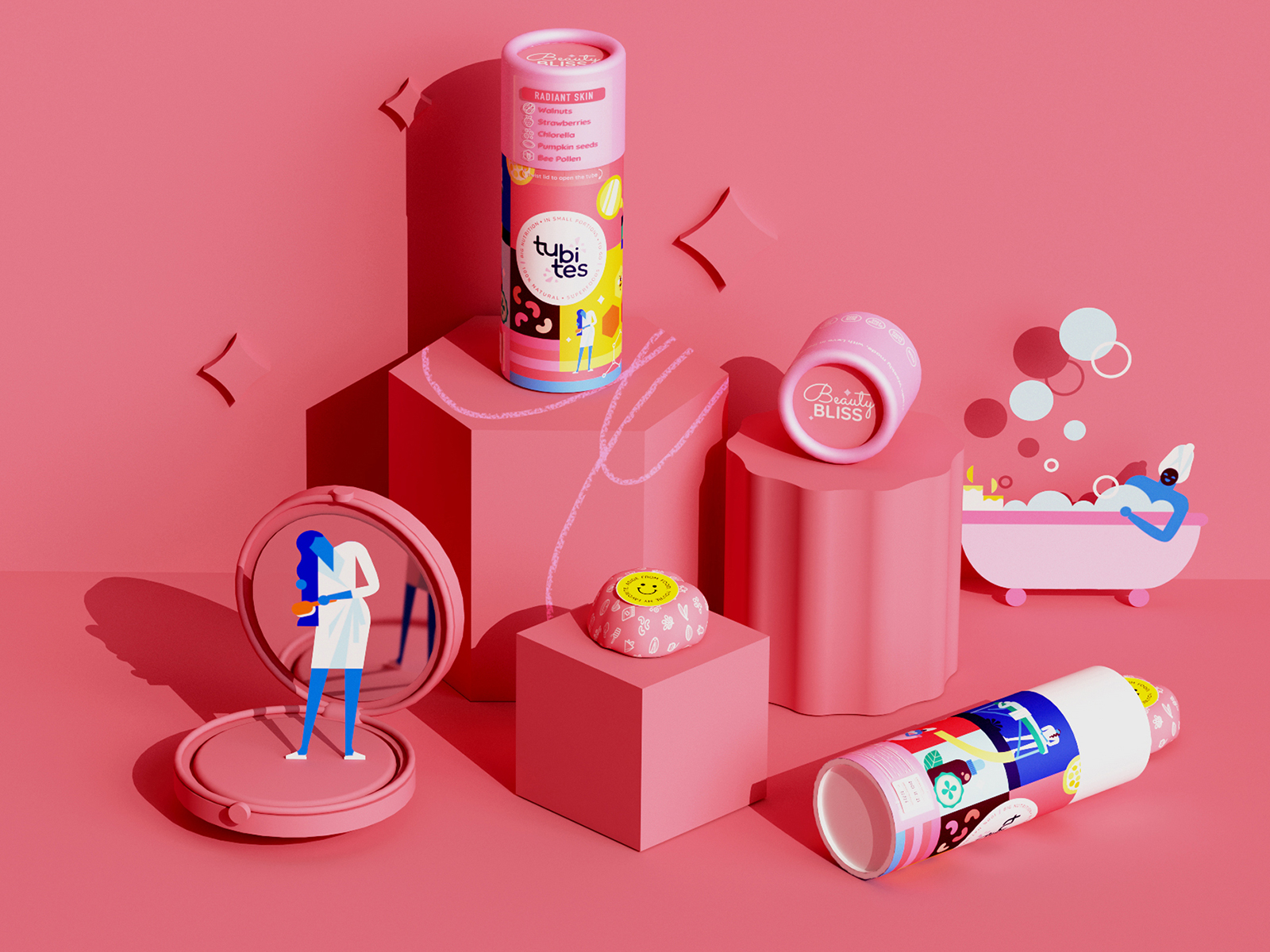 👅 beauty beauty salon character character design colorful food packaging geometric geometry illustration me time minimal pink self care superfoods tube packaging vector