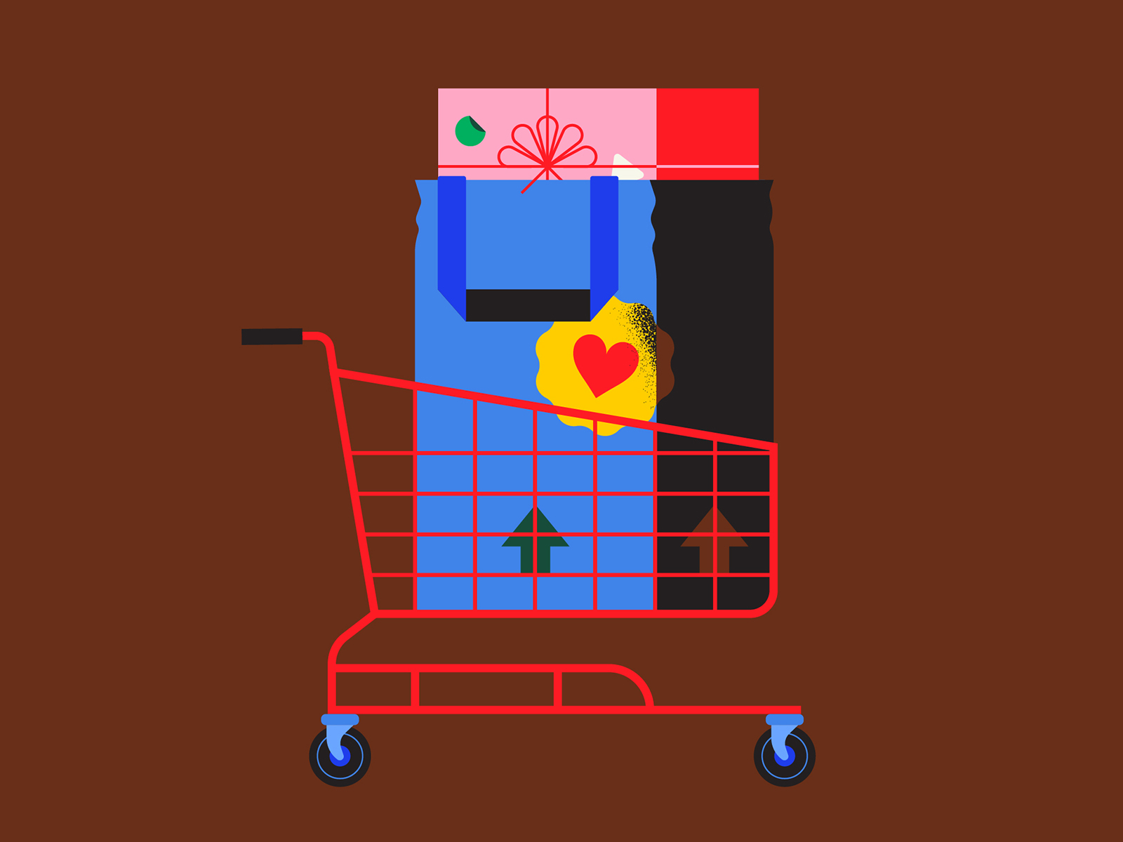 “How to buy, assemble and set up a Mommy” geometric illustration colorfulillustration cart shopping shopping cart colourful colorful illustration minimal geometry geometric