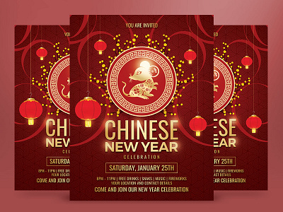 Chinese New Year Celebration Flyer Template asian celebration chinese flyer chinese new year classy cultural dance dragon fireworks flowers flyer design flyer template golden holiday lantern lantern festival lunar new year psd template red tet