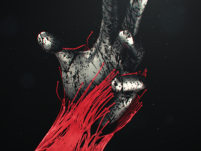 Hand abstract cinema 4d cycles dark glass hand metal particles red scratches