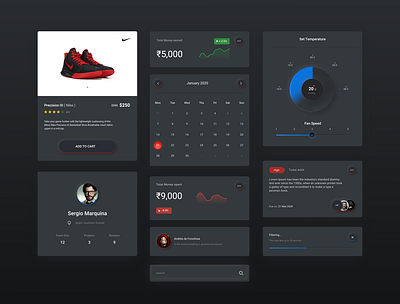 Card & widget collection - Dark Neomorphism UI buttons calendar cards concept controls dark ui layout loading mobile ui neomorphism product profile progress ratings slider steps trendy uikit user userinterface