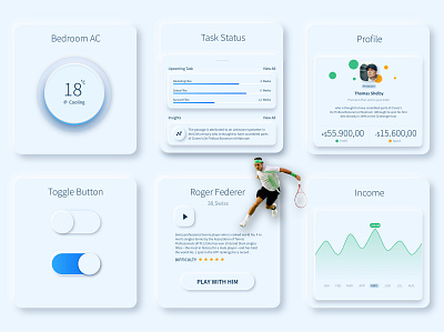 Cards & Widgets button calendar concept gradient graph graphic mobile mobile app design mobile ui neomorphism profile profit progress bar rating toggle switch trending typogaphy ui ux white