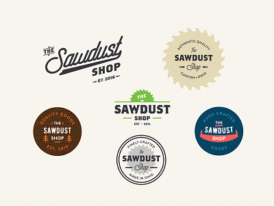 The Sawdust Shop ai branding craftsman illustrator lockup logo saw sawblade sawdust typography wood woodworking