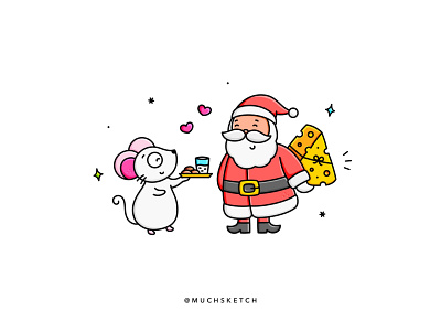 Santa and Millie 🧀 animal character animal drawing celebrations character design cheese cookies cute characters drawing illustration illustrator kawaii milk mouse procreate stamp set stickers winter collection