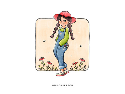 Garden girl DTIYS 🌸 art challenge character design cute girl illustration denim draw this in your style drawing drawing reference dtiys flowers garden girl character illustration kawaii overalls pockets procreate shoes sleeves spring sun hat