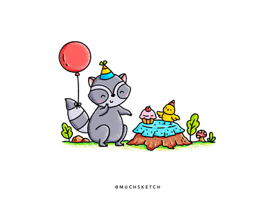 Birthday party 🥳 Raccoon and bird 🎈 affinity designer balloon bird birthday birthday party celebration critters cupcake design forest illustration illustrator mushroom party party hat procreate raccoon sticker vector woodland