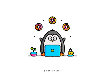 Mr.Pingu at work 🐧 blue character characterdesign cute animal cute art desk donut doughnut drawing illustration illustrator kawaii laptop minimal office penguin sketch spot illustration vector workspace