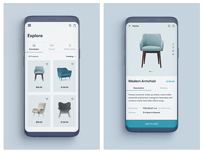 Furniture app design blue cart chair design ecommerce ecommerce app furniture furniture app icon illustration price sofa ui ux vector