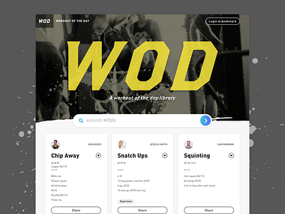 Website Concept: Workout Of The Day (WOD) Library card card layout dark design exercise fit fitness hiit homepage sketch splatter visual design wod workouts yellow