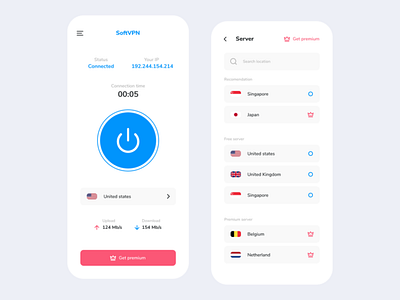 SoftVPN - vpn mobile application access android app connection internet ios mobile mobile app network privacy private protection safe safety secure ui ux ui design uiux design virtual vpn