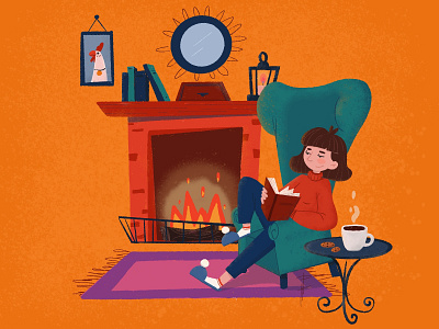 Fireplace animation character design design fireplace free time illustration photoshop procreate reading