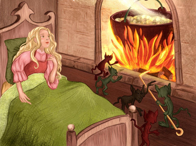 Cover for Folktale week 2020 art artist boiler childrens childrens illustration devil fairy fire folk folk art folkart folklore folktale illustration pot princess procreate sleeping beauty story