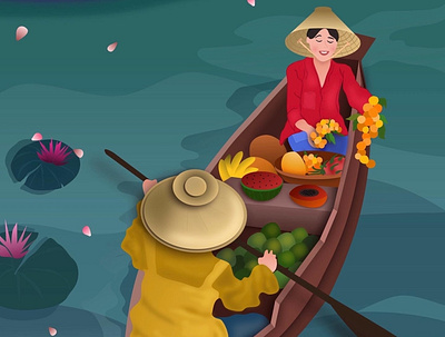Fruit market on the river asia asian food asian girl boat canoe exotic fruits illustrator journey people river riverboat thailand tradition traditional art travel vector vector illustration vietnam water