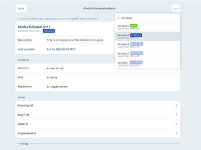 Checklist Template and Version History, App Design