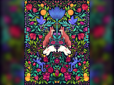 Fox Tapestry animal art digital painting floral art floral pattern illustration pattern tapestry