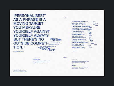personal best blue booklet editorial editorial design layout layout design liner notes music music design scanner scanner art tracklist type typography