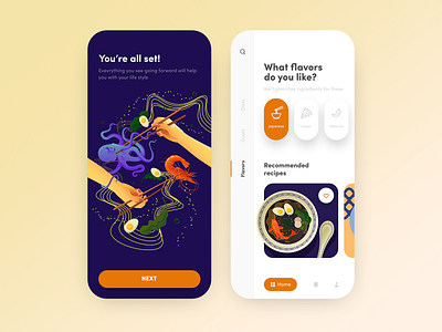 Food Recipes App cuisine fish food food app food illustration icons illustraion minimal mobile mobile app design modern noodle octopus product design ramen recipe app recipes shrimp ui ux vector