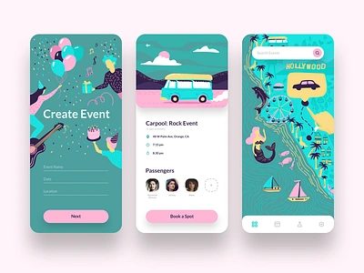 App for Organizing Custom Events app car carpool design doodles event holliday illustration location map mermaid mobile app music party passengers ui ux