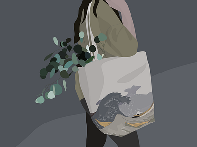 carrying a whole life in a tote bag app art design flat girl great wave illustration illustrator kanagawa minimal plants tote bag totebag ui vector web