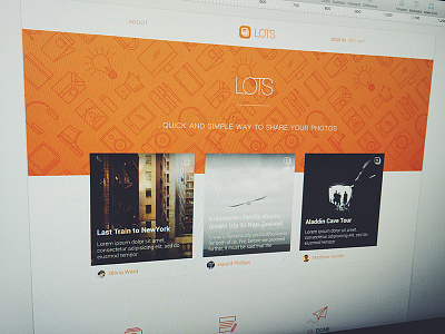 Landing Page for LOTS article blog card clean display icons orange pattern photos website