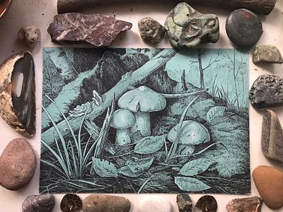 Mushroom family ink drawings