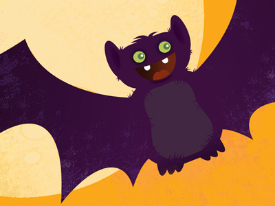 Purple bat for a Halloween Card bat character eyes fang flight green halloween illustration moon orange purple