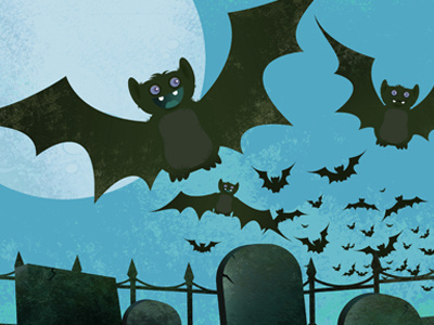 Bats in the Graveyard bats blue fangs full graves graveyard halloween moon teeth wings