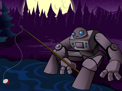 Blue Robot - Fishing digital fishing illustration moon robot teardrop tree