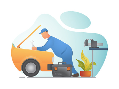 The mechanic automotive car character design flat garage illustration mechanic repair service transportation vector