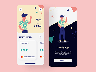 Handy - Wallet App app bank cartoon cartoon character cartoon illustration dark mode finance illustration ios ios app pastel saving ui walkthrough wallet wallet app