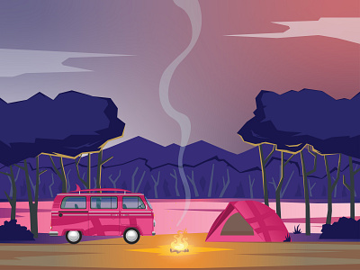 Dribbble Camping camp campfire camping cloud design dribbble fire forest graphic illustration lake landscape night tree