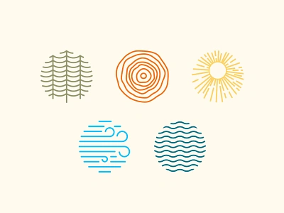 Outdoor Elements Icons arizona brand strategy branding camping icons logo mountains nature outdoor retro sun trees water wind wood