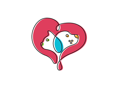 dog & cat logo concept 2 animals cat dog hand drawn heart love outline primary colors