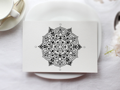Wedding placecard black and white hand drawn illustration india invitation mandala monochrome pattern sacred geometry stationery wedding