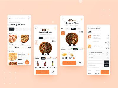 Customizable Pizza App action android app create custom customize delivery design food food app ios light pizza menu search ui ui design ux