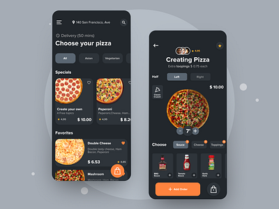 Pizza App Dark Theme customizable dark theme design pizza ui ui design ux