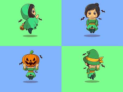 Cute character with green custome halloween part 4 cute design dracula female halloween illustration kids logo vector