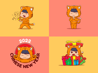 Cute boy using Tiger costume for chinese new year 2022 animal cartoon character chinese new year costume cute illustration kids logo new year tiger vector