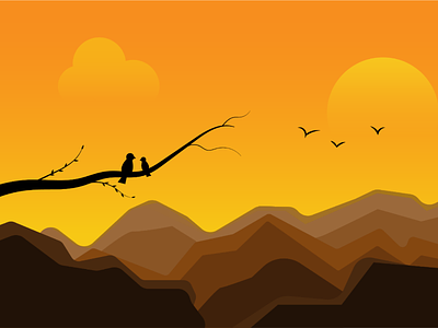Two Birds sitting on a branch in a sunset. birds clouds illustration mountains sun sunset