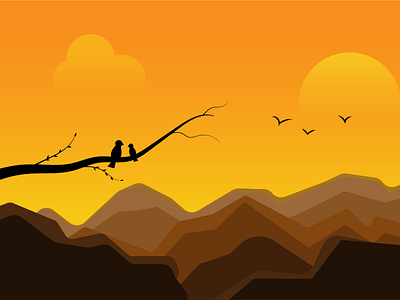 Two Birds sitting on a branch in a sunset.