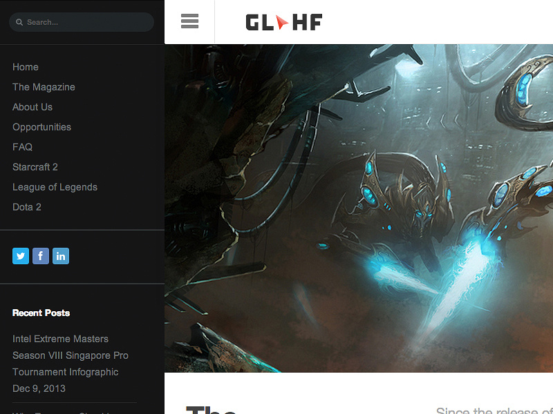 GLHF Slide Out Navigation homepage off canvas slide out navigation glhf esports starcraft website