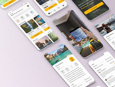 Traveling mobile app application ar augmented reality book booking cart clean design discover minimalist mobile mockup product design reviews sightseeings slider tour traveling virtual reality
