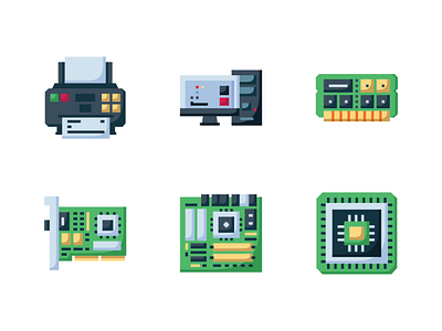 Computer Component Icon Set Flat Style x64 cartoon color cpu design device electronic engineering flat future futuristic icon icon design icon set icons illustration logo motherboard technology
