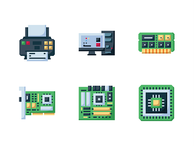 Computer Component Icon Set Flat Style x64