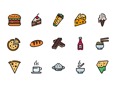Food And Beverage Icon Set Filled Line Style app icon beverage bread burger burrito cake color food ice cream icon icon set illustration kitchen lunch pizza souce vector icon wafer