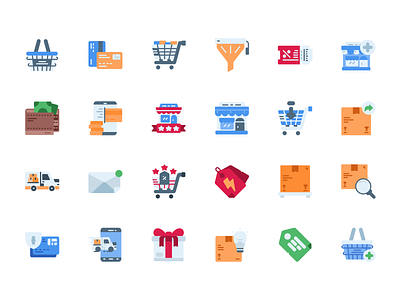 Online Shopping Icon Set Design Flat Style application business cart color commerce delivery digital ecommerce flat icon icon icon design icon set iconography icons illustration market online shopping sale store vector icon