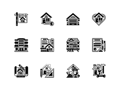 Real Estate Icon Set Design Solid Line Style architecture building building construction building plan contract paper garage hotel icon icon design icon set illustration location love home mortgage property real estate real estate sign renovation vector icon wood cabin