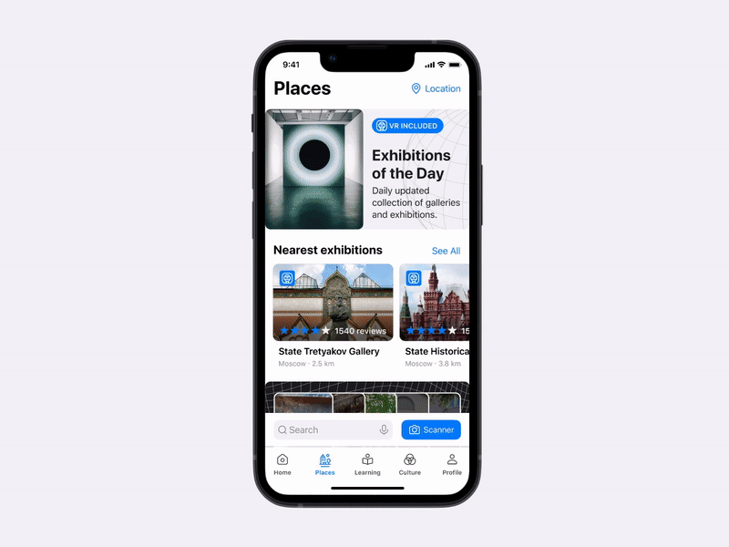 Art Galley App | Places art exhibition gallery genres interface animation ios most popular places ratings recently viewed ux